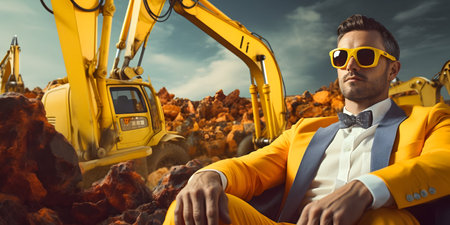 Portrait of a confident businessman in a yellow suit and sunglasses sitting on a construction site.の素材