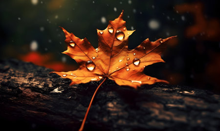 Autumn maple leaf with raindrops on the background of the forestの素材