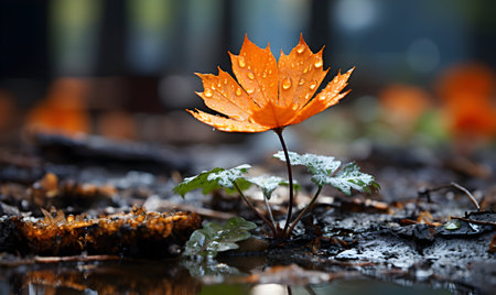 Close up of an orange flower with water drops on the ground.の素材