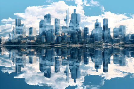 abstract skyscrapers in blue sky with clouds reflected in waterの素材