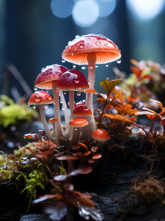 Mushrooms in the forest with raindrops on the moss.の素材