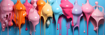 Colorful paint dripping on a blue background. 3D Renderingの素材