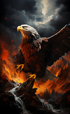 3D rendering of a bald eagle flying over a burning forest.の素材
