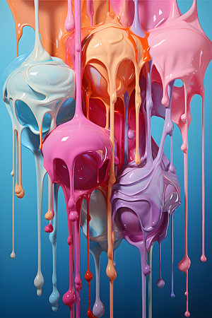 Colorful paint dripping on blue background. 3d render illustration.の素材