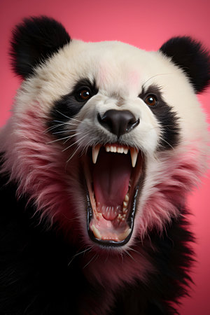 Close-up portrait of a giant panda on a pink backgroundの素材
