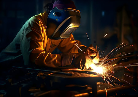 Welder at work in a factory welding metal with sparks and smokeの素材
