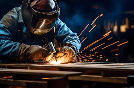 Close-up of a welder with protective mask welding metal on a construction siteの素材