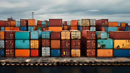 Foto de Cargo port with colorful containers and cloudy sky as a background. - Imagen libre de derechos