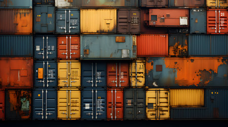 Colorful freight containers stacked at the container terminal. Industrial background.の素材