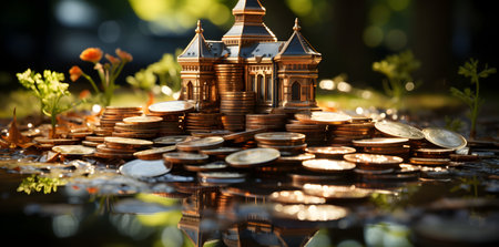 Miniature house on a pile of coins with reflection in the waterの素材