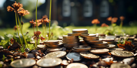 coins on the grass in the garden. save money for investment conceptの素材