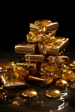 Gold bars on black background with reflection. Gold bars on black backgroundの素材