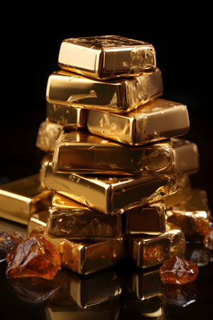 Stack of gold bars on black background, closeup. Luxury conceptの素材