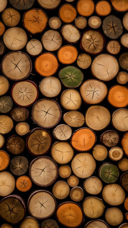Wooden logs stacked in a pile as a background, top viewの素材
