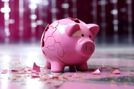 Broken piggy bank on the floor, concept of financial crisisの素材