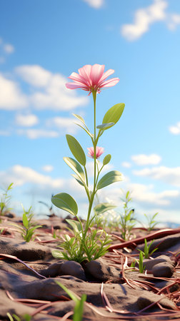 Pink flower on the ground with blue sky and white clouds background.の素材