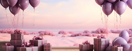 3d render of gift boxes with bows and balloons in the desertの素材