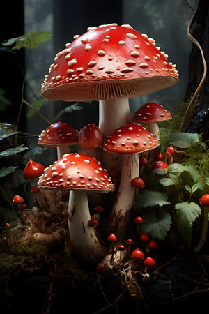 Red fly agaric mushrooms on a dark background. Selective focus.の素材