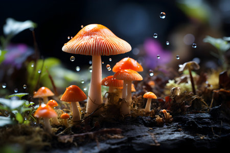 Mushrooms in the rain forest with water drops on black backgroundの素材