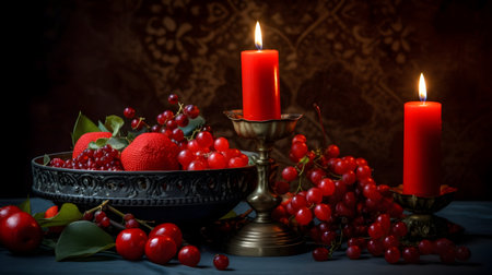 Still life with red berries and candles on dark background. Selective focus.の素材