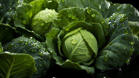 Fresh green cabbage with water drops on black background. Close up.の素材