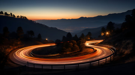 Car light trails on mountain road at night. Long exposure photo.の素材