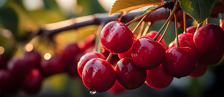 Cherries hanging on a cherry tree branch with water dropletsの素材