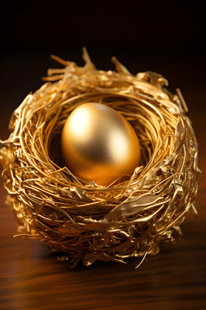 Golden egg in a nest on a wooden background. Selective focus.の素材