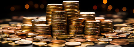 Stacks of gold coins on a dark background with bokehの素材
