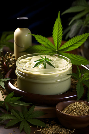 Cannabis cream in a glass jar with cannabis leaves and hemp seedsの素材