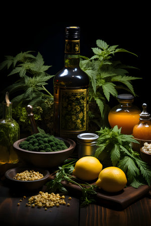 Cannabis, lemon, herbs and spices on a black backgroundの素材