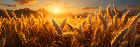 Sunset over wheat field. Beautiful nature scene. Ears of golden wheat close up.の素材