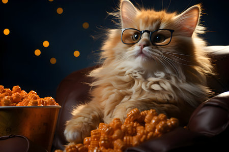 Cute ginger cat in eyeglasses and popcorn on dark backgroundの素材