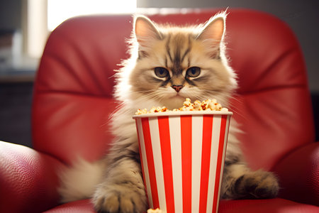Cute cat eating popcorn on red leather armchair in living roomの素材