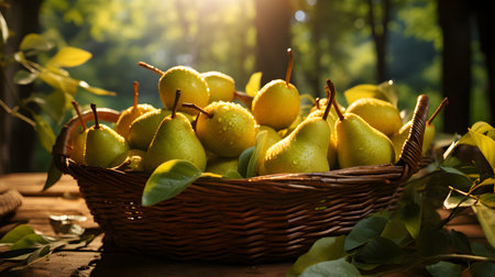 Ripe pears in a basket on a wooden table in the gardenの素材