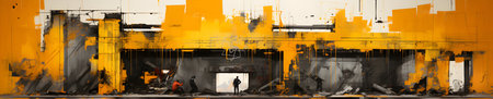 Panoramic view of an industrial building with orange and yellow paint splashesの素材