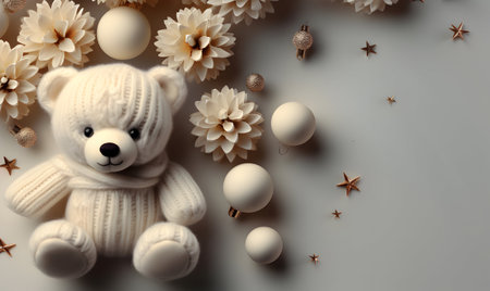 Christmas background with white teddy bear, christmas balls and pine conesの素材