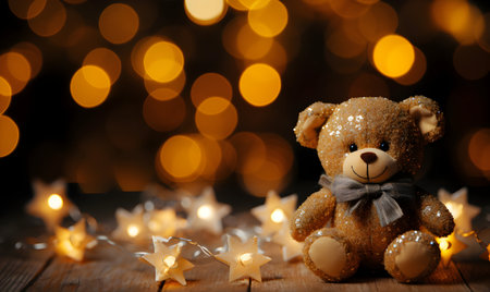 Teddy bear with christmas lights on bokeh background.の素材