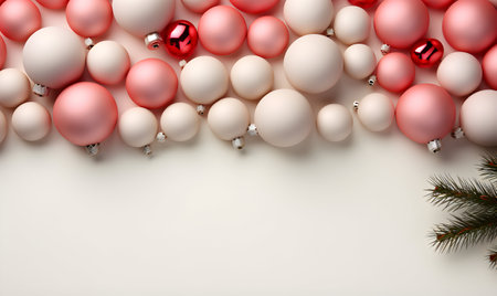 Christmas balls and fir branches on white background, top view. Space for textの素材