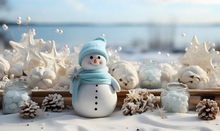 Beautiful snowman and christmas decorations on table outdoors, closeupの素材