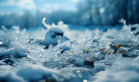 Winter landscape. Ice crystals on the ground in the forest. Close-up.の素材