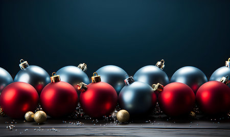 Christmas background with red and blue baubles on a black backgroundの素材