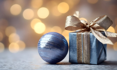 Blue gift box and christmas ball on bokeh background.の素材