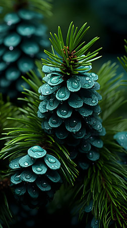 Fir branch with dew drops, close up. Natural backgroundの素材