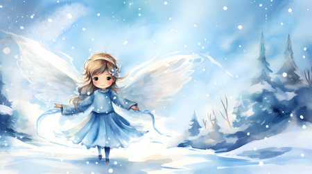 Cute little angel girl in winter landscape. Watercolor illustration.の素材