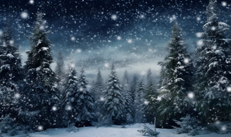 Snowy winter landscape with fir trees and snowflakes. Christmas backgroundの素材
