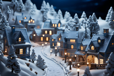 Christmas village in the snow. Beautiful winter landscape with houses and trees.の素材