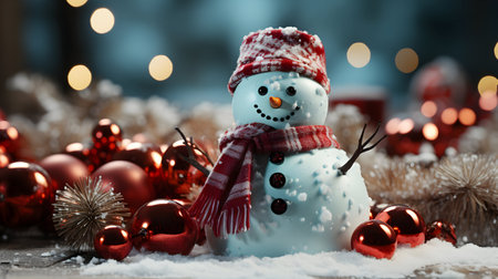 Snowman with Christmas decoration on bokeh background, closeupの素材