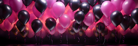 Pink and purple balloons with ribbons flying in the air. 3D Renderingの素材