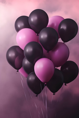 Purple and black balloons flying in the sky. 3D Renderingの素材